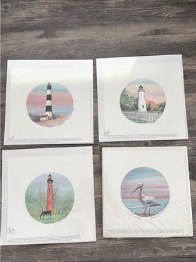 Coastal Lighthouse Art Prints - Set of 4 - Pastel Blue & Pink
